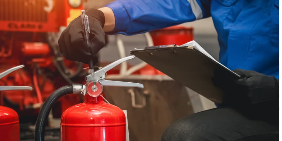 Technician inspecting fire extinguishers for certification